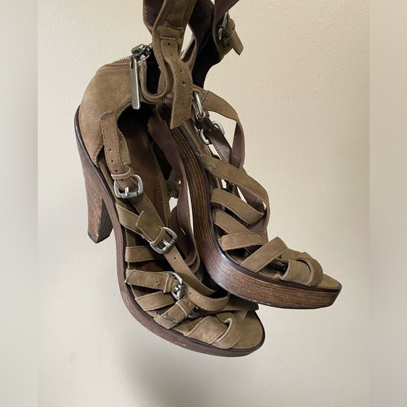 All Saints Strappy Suede Block Heel Open Toed Platform Pumps - Picture 2 of 8